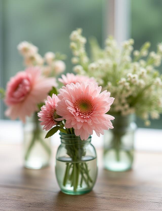 Dettaglio decorazioni floreali su tavolo in legno